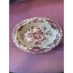Vintage Crown Ducal Bristol Oval Serving Bowl Pink Red Transferware England 10"